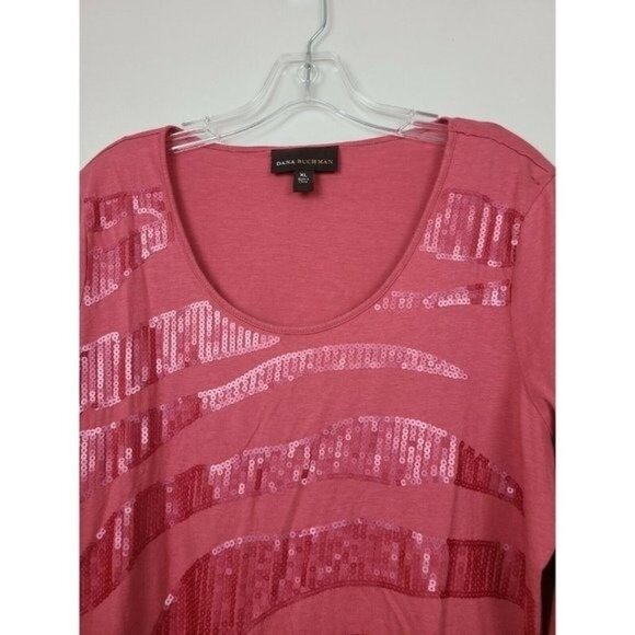Dana Buchman Womens Top XL Pink 3/4 Sleeve Sequined Classic Carrier Casual - Picture 2 of 8